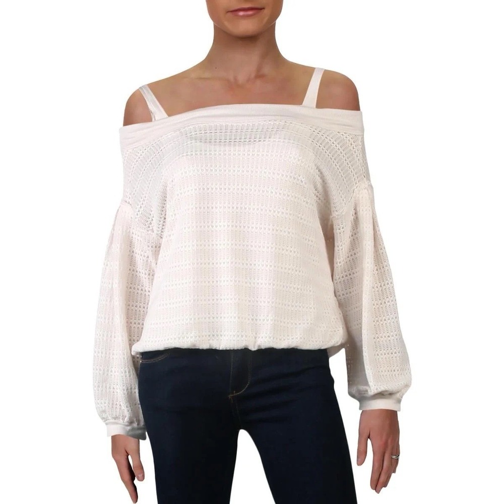 Free People Sistine Hacci Sweater M off Shoulder Balloon Sleeve Knit Beige Boho